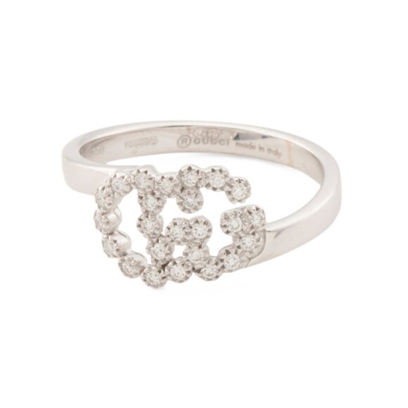 GUCCI White Gold/Diamond Made In Italy 18kt White Gold Diamond Running G Ring - Picture 1 of 2